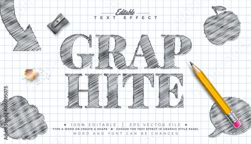 Editable Sketch Drawing Graphite Text Effect Design Vector Illustrator Graphic Style Effect with Customizable Hand Drawn Font and Doodle Symbols on Checkered Paper Background. Vector Premium Typograph