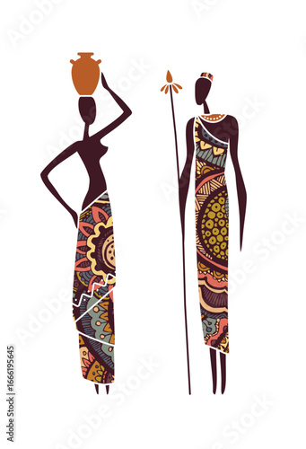 Vector silhouette of African man with spear and woman carrying pot on head. Ethnic tribal illustration symbolizing culture, tradition and everyday village life