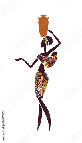 Vector silhouette of African woman with baby on back and pot on head. Ethnic tribal illustration symbolizing motherhood, tradition and village lifestyle