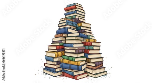 Colorful Book Stacks Forming a Triangular Shape