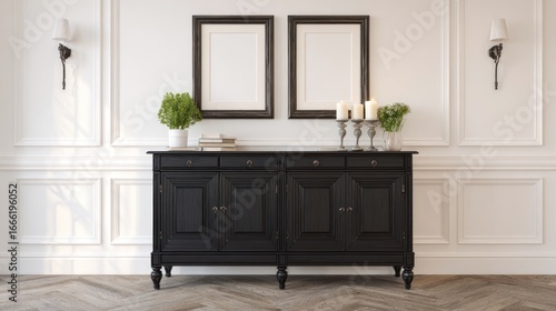 Elegant Black Sideboard with Decorative Candles and Green Plants in Classic White Wall Setting