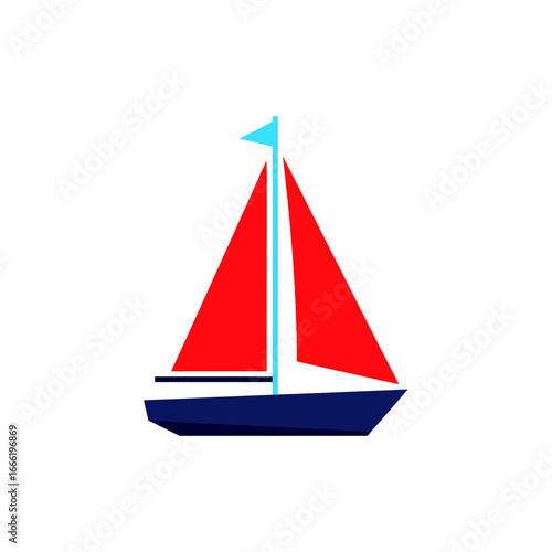 A simple, colorful illustration of a sailboat with a red sail, sailing on the water.