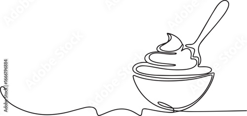 Continuous one line drawing of whipped cream in a bowl in minimalist black outline art style for food and dessert design