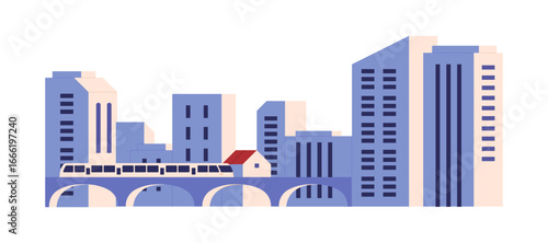 City landscape with high rise houses, skyscrapers, multistory buildings. Geometric cityscape of downtown, business district. Urban railroad bridge in town. Flat isolated vector illustration on white