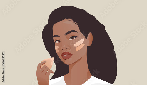 Woman applying foundation makeup beauty routine skincare diverse female face with sponge neutral background portrait