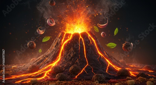 Volcanic eruption with meatballs, herbs, and spices erupting from the crater.