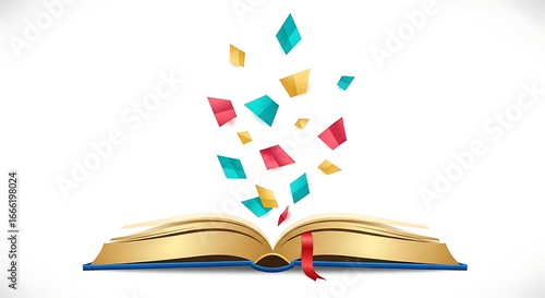 Open Book with Floating Colorful Geometric Shapes on a Clean White Background