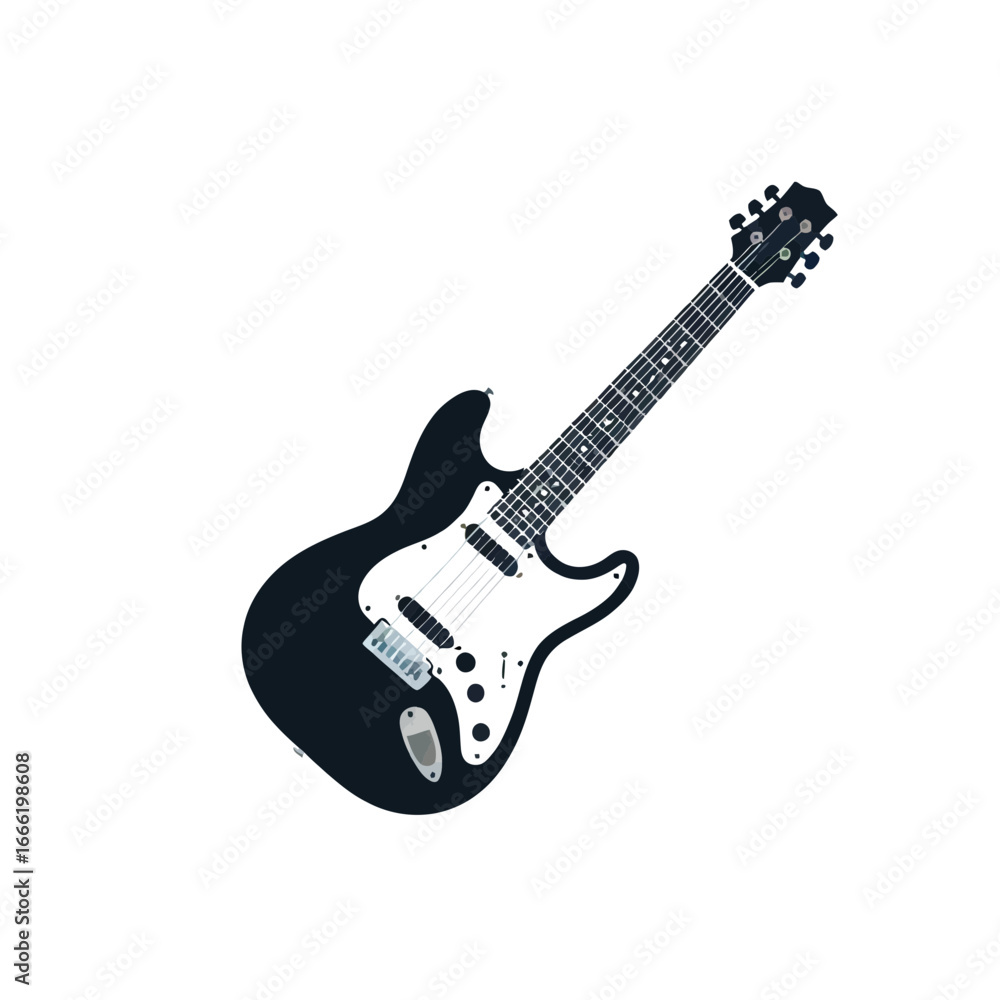 Obraz premium A black electric guitar with a white pickguard and chrome hardware, angled against a white background.