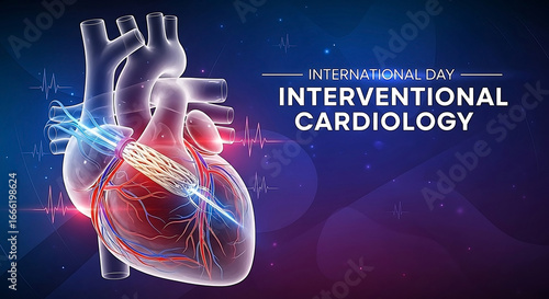 Poster-style design featuring a stent inside a 3D heart model, with blue and red arteries glowing, International Day for Interventional Cardiology