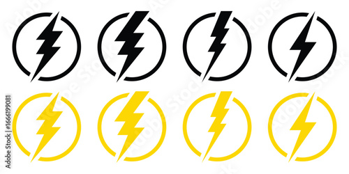 Lightning icon set, energy power sign, blitz lightnings symbol, vector illustration isolated on white background