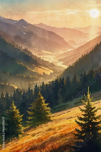 A warm and glowing sunrise over a dramatic mountain valley, painted in rich watercolor style. The sun rises between jagged peaks, casting golden light and long shadows across the ridges and pine-cover