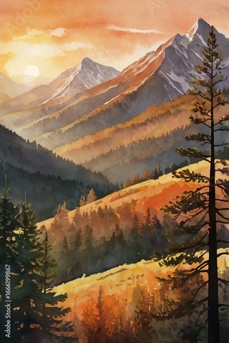 A warm and glowing sunrise over a dramatic mountain valley, painted in rich watercolor style. The sun rises between jagged peaks, casting golden light and long shadows across the ridges and pine-cover