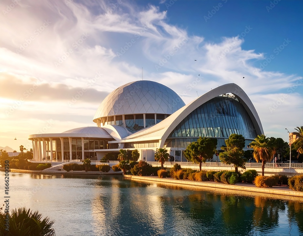 Naklejka premium Modern architectural complex by a serene lake at sunset