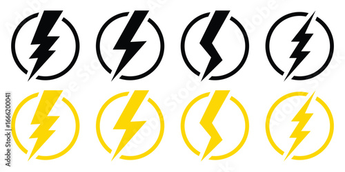 Lightning icon set, energy power sign, blitz lightnings symbol, vector illustration isolated on white background