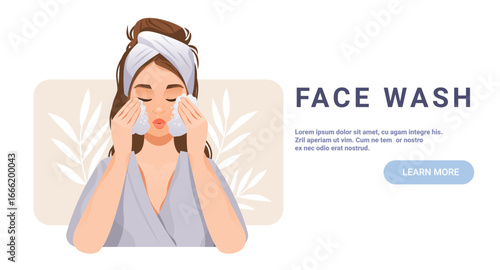Woman facial cleansing skincare routine beauty wellness girl washing face with foam wearing headband bathroom background soft colors website banner