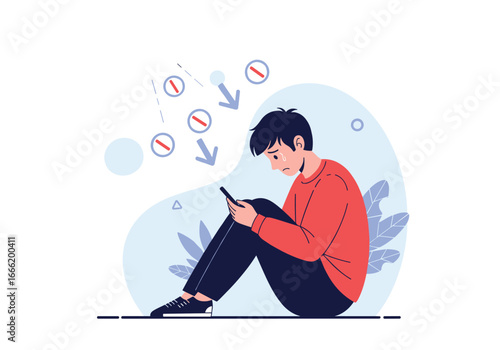 Person on phone looking stressed with notification icons falling down representing overload