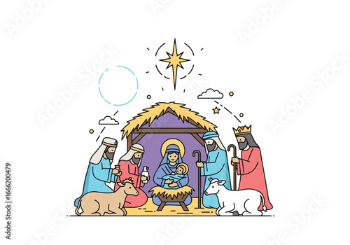 Nativity scene with jesus mary joseph shepherds animals star and stable