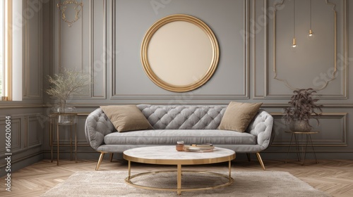 Elegant Gray Upholstered Sofa with Gold Accents in Classic Living Room