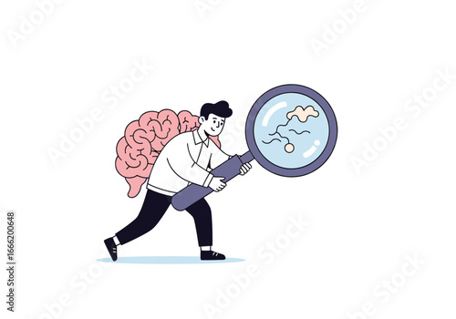Man carrying a giant brain and examining it with a magnifying glass