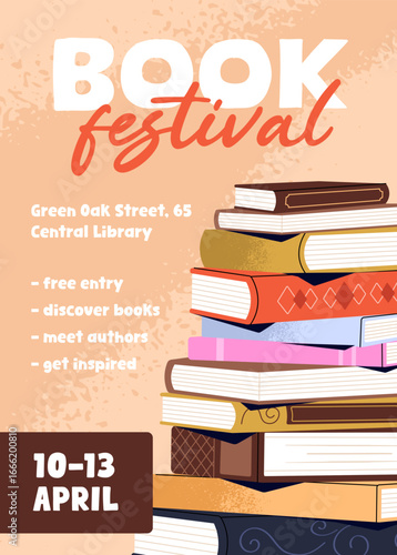 Reading festival event poster design. Advertising template of literature fest in bookstore with heap of paper book on layout. Promotion of novels market, stories shop. Flat vector illustration