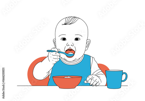 Little baby eating healthy food with spoon from bowl