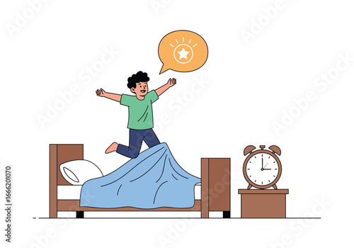 Young person joyfully jumps out of bed feeling energized and ready for the day ahead