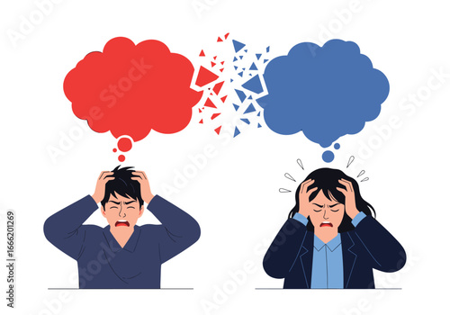 Two people experiencing stress and conflict with fragmenting thought bubbles
