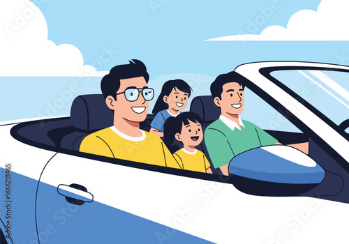 Happy family enjoying scenic drive in convertible car under blue sky with clouds