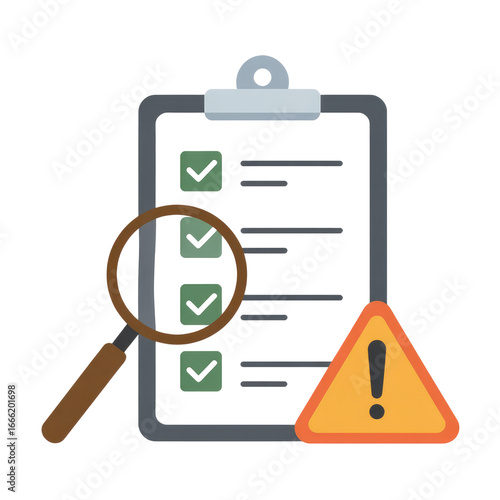 Checklist on clipboard with magnifying glass and warning sign