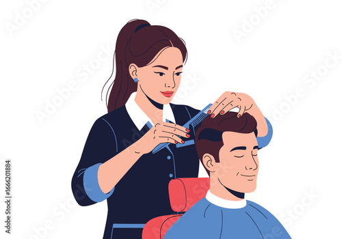 Professional hairstylist giving a modern haircut to a male client in a salon