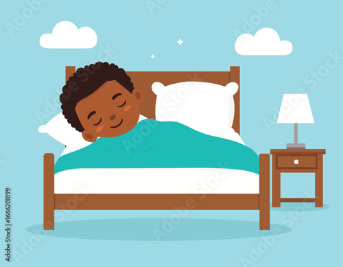 Cute little boy sleep in bed room with happy face illustration