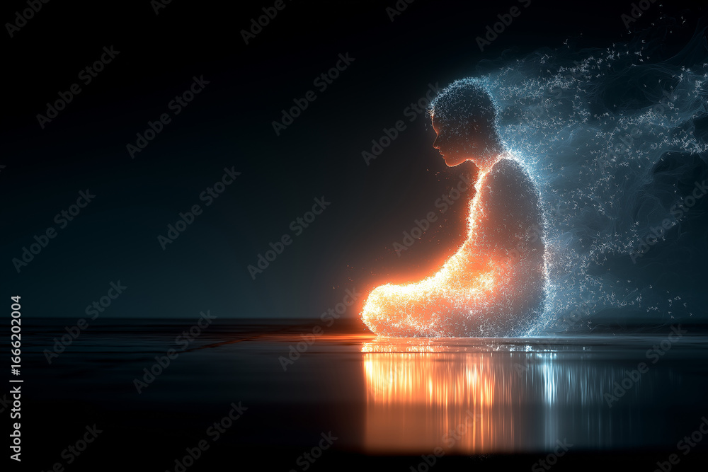 Obraz premium A spiritual person made of glowing light particles in deep meditation. A concept for mindfulness, consciousness exploration, life science, and human energy.