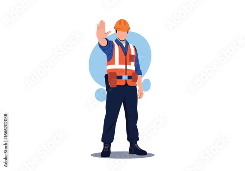 Construction worker wearing reflective vest and hard hat signaling halt with hand raised