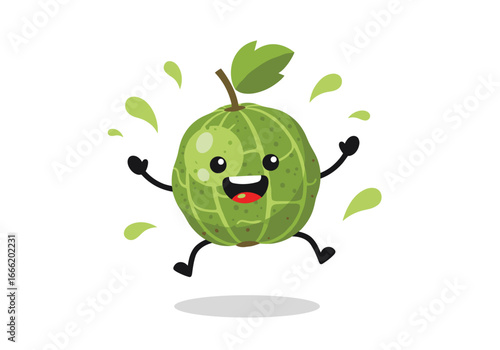 Happy cartoon gooseberry character jumping with joy and splashing juice