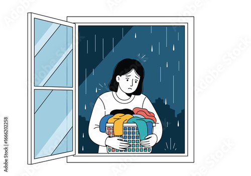 Person holding laundry basket looking worriedly out the window at the rainy weather