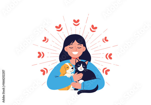 Joyful person holding beloved dog and cat surrounded by love hearts