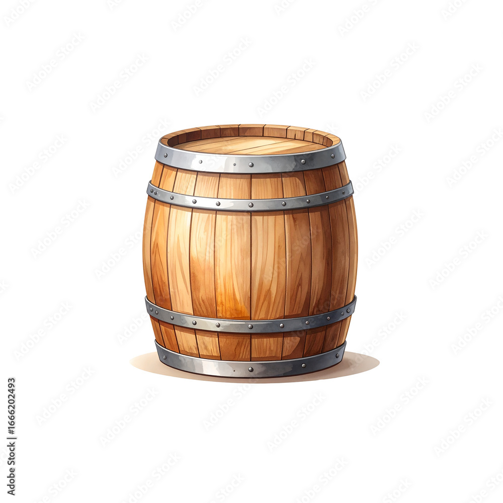 Obraz premium Vintage oak barrel, a weathered wooden container for wine or rum, isolated on a white background