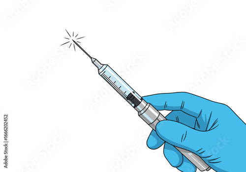 Medical professional holding a vintage glass syringe with a sharp needle and bubbles