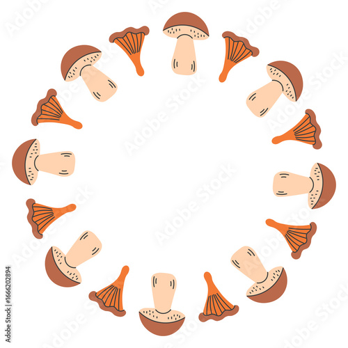 Autumn Mushroom Wreath. Hand Drawn Fall Forest Frame with woodland charm for greeting cards, invitations, posters, and seasonal designs. Vector illustration
