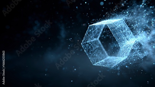 A glowing 3D hexagon made of luminous blue particles and fine network lines