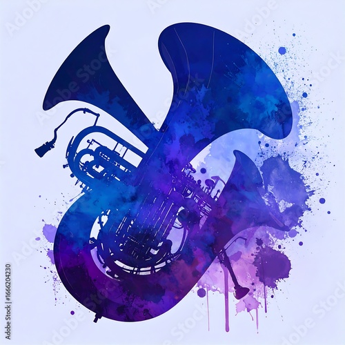 A vibrant, artistic illustration of a tuba, rendered in shades of blue and purple, set against a light background.