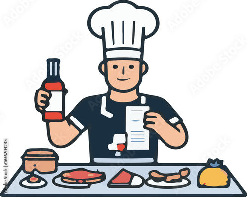 chef holding a menu card and a bottle of wine 