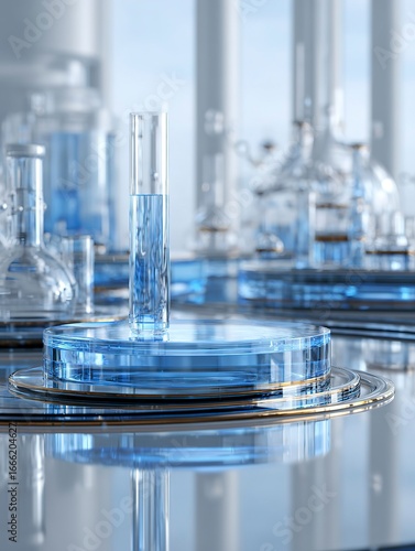 A blue minimalist lab scene with a circular transparent stage on the table top. 