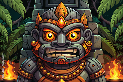 Fire guardian statue with glowing eyes stands among ancient jungle ruins, creating a mysterious and mythical atmosphere of forgotten civilizations and hidden secrets.