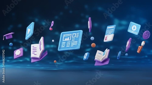Online education resources float above a digital background, ideal for e-learning