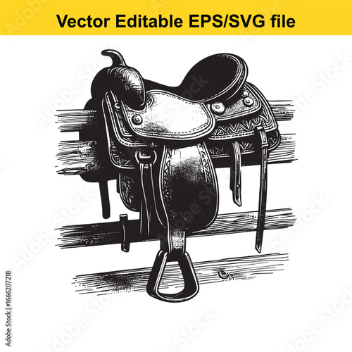Vintage western horse saddle with stirrups and straps, detailed illustration