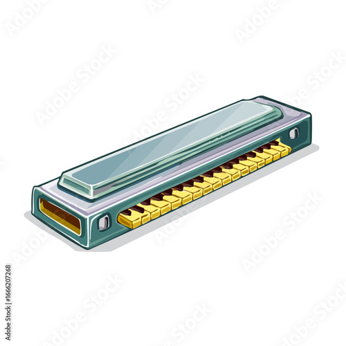 Cartoon style harmonica illustration isolated on black. Blues music instrument detailed illustration.