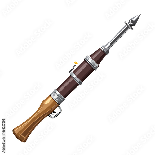 Stylized antique speargun or harpoon on black. Brown and metal underwater hunting equipment design element.