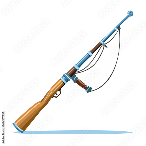 Antique cartoon style rifle with large white flag representing ceasefire or surrender.