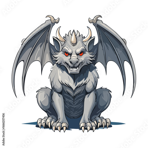 Stone gargoyle with wings and horns illustration Gothic statue decoration and mythology creature isolated on black background